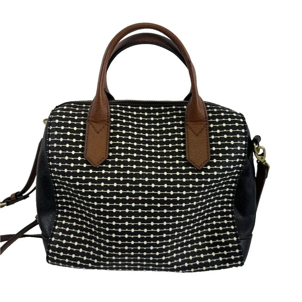 Fossil Fiona Satchel Black White Key Logo Faux Leather Crossbody Double Handle